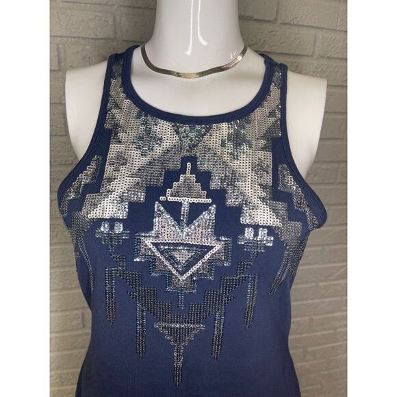 Express Women Navy Blue Aztec Sequin Bodycon Dress Size L - Picture 3 of 9